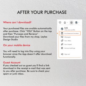 Puede incluir: Una captura de pantalla de una pantalla de computadora que muestra instrucciones sobre c&oacute;mo descargar archivos comprados de Etsy. Las instrucciones est&aacute;n escritas en texto negro sobre un fondo blanco. El texto dice "&iquest;D&oacute;nde puedo descargar?" y "Tus archivos comprados est&aacute;n disponibles autom&aacute;ticamente despu&eacute;s de la compra. Haz clic en el bot&oacute;n "YOU" en la parte superior y luego en "Compras y rese&ntilde;as". Descarga tus archivos de mi tienda, Leylas Design Studio."