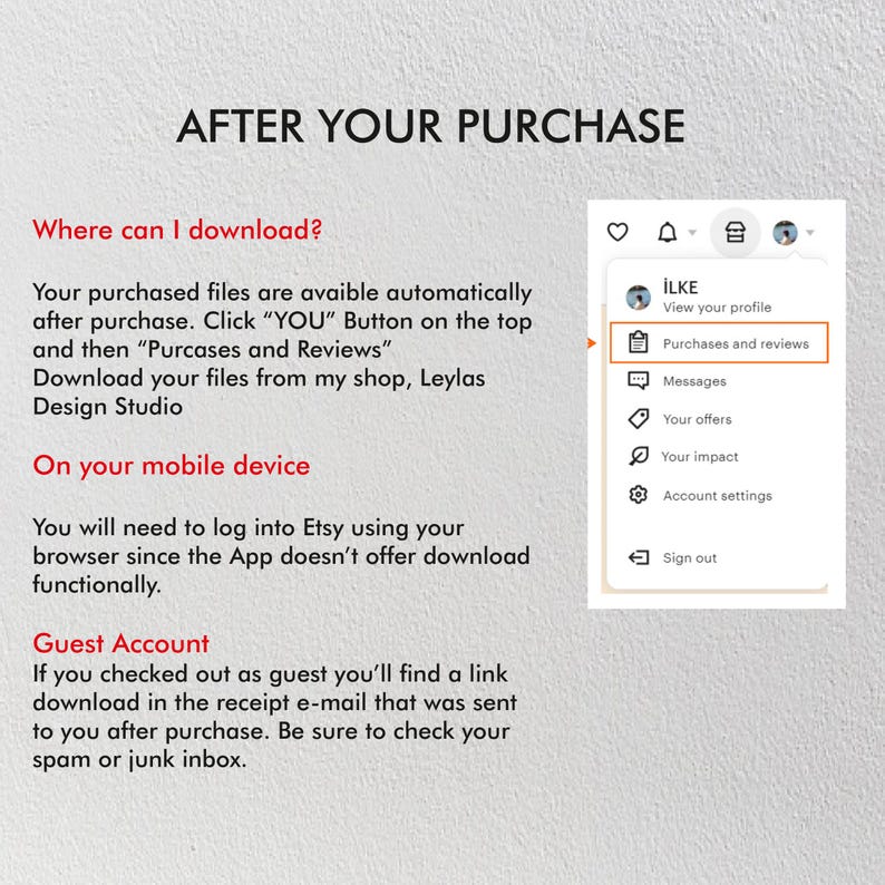 Puede incluir: Una captura de pantalla de una pantalla de computadora que muestra instrucciones sobre c&oacute;mo descargar archivos comprados de Etsy. Las instrucciones est&aacute;n escritas en texto negro sobre un fondo blanco. El texto dice "&iquest;D&oacute;nde puedo descargar?" y "Tus archivos comprados est&aacute;n disponibles autom&aacute;ticamente despu&eacute;s de la compra. Haz clic en el bot&oacute;n "YOU" en la parte superior y luego en "Compras y rese&ntilde;as". Descarga tus archivos de mi tienda, Leylas Design Studio."