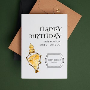 Cartão de aniversário para impressão - Felix Felicis - Cartão de aniversário divertido da Magic School - Withches e Wizards que precisam de Poção de SORTE
