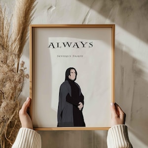 Puede incluir: Un p&oacute;ster minimalista con una ilustraci&oacute;n en blanco y negro de Severus Snape de la serie Harry Potter. El p&oacute;ster tiene el texto "ALWAYS" en letras negras grandes en la parte superior y "SEVERUS SNAPE" en letras negras m&aacute;s peque&ntilde;as debajo de la ilustraci&oacute;n.