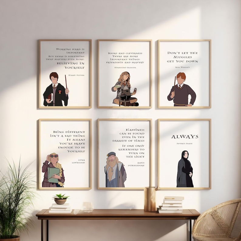 Puede incluir: Seis impresiones de arte de pared imprimibles con citas de la serie de Harry Potter. Cada impresi&oacute;n presenta un personaje diferente de la serie, incluidos Harry Potter, Hermione Granger, Ron Weasley, Luna Lovegood, Albus Dumbledore y Severus Snape. Las impresiones est&aacute;n en un marco blanco con un fondo blanco.