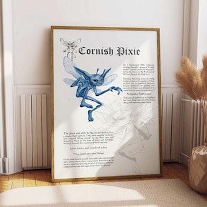 May include: A framed print with a blue illustration of a Cornish Pixie, with the title "Cornish Pixie" in a decorative font. The print includes text describing the creature's characteristics and abilities. The artwork is displayed in a room with a neutral color palette.