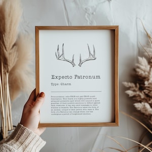 May include: A black and white printable art print with a deer antler illustration and the text "Expecto Patronum" and "Type: Charm". The text below the illustration describes the charm's pronunciation and definition.