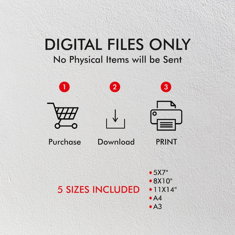 Puede incluir: Archivos digitales solamente, no se enviar&aacute;n art&iacute;culos f&iacute;sicos. Un fondo blanco con iconos negros que muestran los pasos para comprar, descargar e imprimir. Cinco tama&ntilde;os incluidos: 5x7 pulgadas, 8x10 pulgadas, 11x14 pulgadas, A4 y A3.