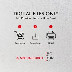 May include: Image with text: DIGITAL FILES ONLY, No Physical Items will be Sent. Includes icons for purchase, download, and print. Four sizes are included: 5x7", 8x10", 11x14", and A4. The background is a light, neutral color.