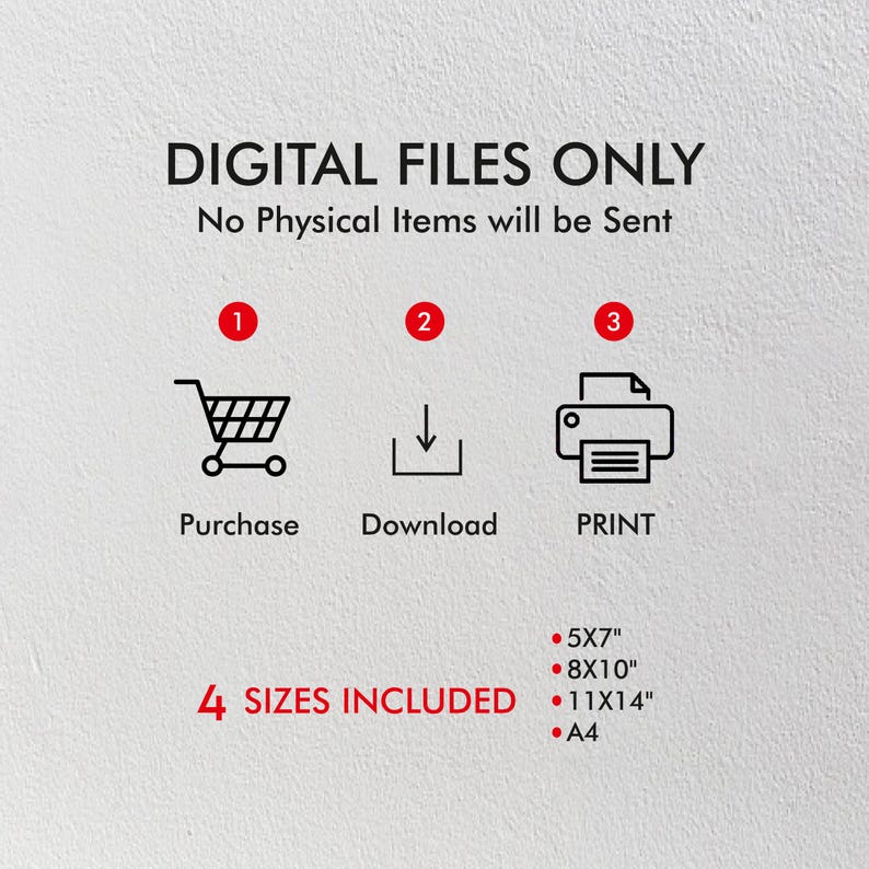 May include: Image with text: DIGITAL FILES ONLY, No Physical Items will be Sent. Includes icons for purchase, download, and print. Four sizes are included: 5x7", 8x10", 11x14", and A4. The background is a light, neutral color.