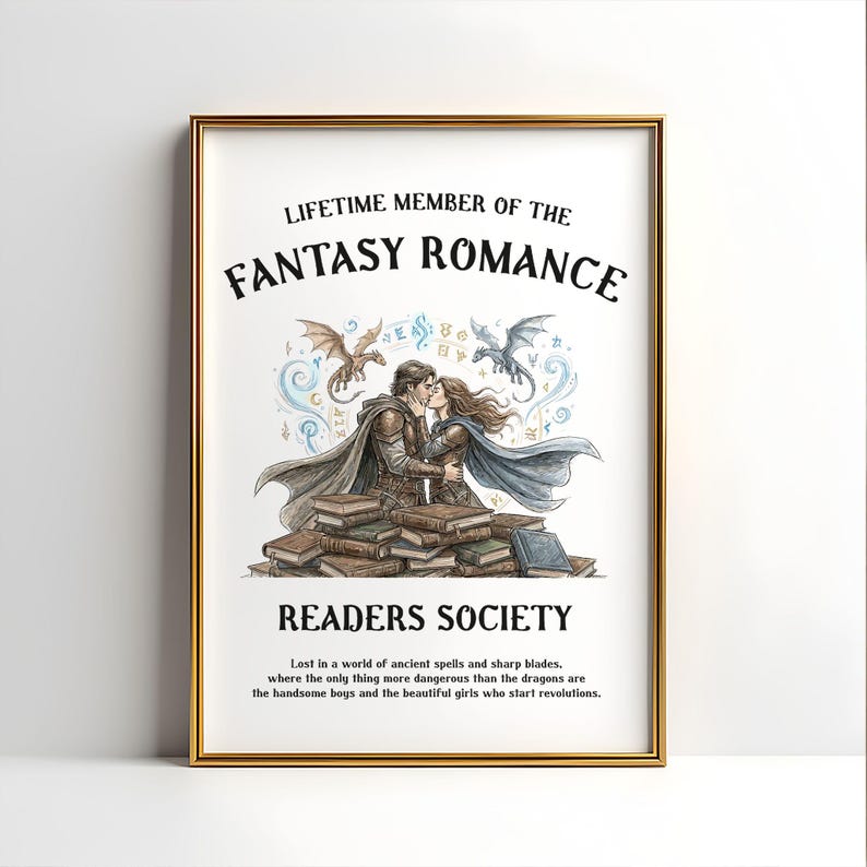 May include: A framed print with a gold border featuring a fantasy romance theme. The artwork depicts a couple kissing, surrounded by dragons and magical elements. Text includes "Lifetime Member of the Fantasy Romance Readers Society."