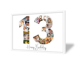 Può includere: Una foto incorniciata in bianco di un collage fotografico del numero 13. Il numero è circondato da uno sfondo bianco. Il testo "Happy Birthday" è scritto sotto il numero con la data "11 settembre 2005" scritta sotto il testo.