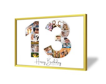 Può includere: Un collage di foto incorniciato in una cornice dorata con sfondo bianco. I numeri 13 sono composti da foto più piccole. Il testo "Happy Birthday" è scritto sotto i numeri con la data "11 settembre 2005".
