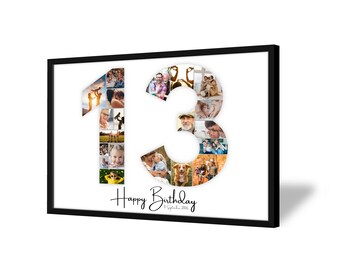 Può includere: Un collage di foto incorniciato a forma del numero 13. Il numero è composto da molte foto più piccole di persone e un cane. Il testo "Happy Birthday" e la data "11 settembre 2005" sono scritti sotto il numero.