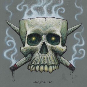 May include: A white skull with glowing green eyes is depicted with two crossed cigarettes, each with smoke rising from the end. The skull is drawn in a cartoon style with a detailed texture. The background is a gray color.