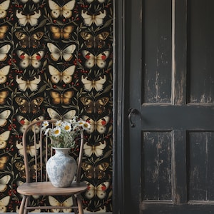 Vintage Butterfly Wallpaper | Dark Botanical Wall Mural | Peel and Stick Wallpaper | Removable Wallpaper