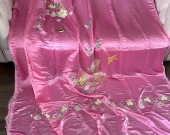 Copriletto vintage asiatico in misto seta con motivo floreale rosa e uccelli in stile Chinoiserie, tessuto in raso ricamato, biancheria da letto in fibra naturale, grande decorazione da parete