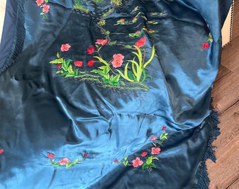 Vintage 1960s Natural 100% Silk Embroidered Bedspread | Hand Embroidered Throw Blanket | Mid-Century Textile 130x190cm Natural Silk Coverlet