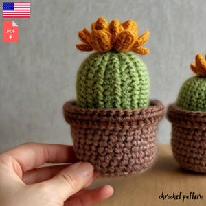 Peut inclure: Cactus crocheté à la main dans un pot marron. Le cactus est vert avec une fleur orange. Le pot est brun clair. L'image est un gros plan, montrant la texture du fil. Le texte "chrochet pattern" est visible.