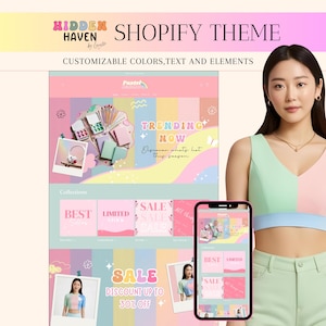 Shopify Theme Pastel Rainbow, Customizable Colors Shopify Theme, Editable Canva Banners, Boutique Feminine Aesthetic Shopify Template -HHBL