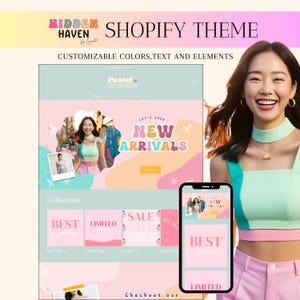 Shopify Theme Pastel Rainbow, Customizable Colors Shopify Theme, Editable Canva Banners, Boutique Feminine Aesthetic Shopify Template