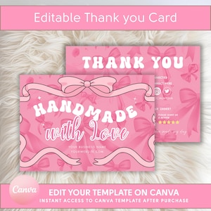 DIY Cute pink coquette ribbon Thank You Insert Card QR Canva Template,Thank You Business Packaging,Editable Customer Thank You Business card