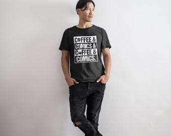 Coffee & Comics T-Shirt, Book Lover Tee, Unique Graphic Design