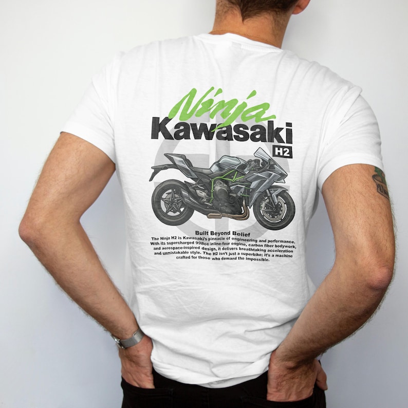 Kawasaki Ninja H2 T-shirt with Back Print, Motorcycle Graphic Tee for Riders, Perfect Gift for Bike Enthusiasts image 2