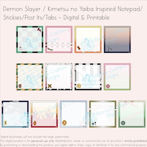 Peut inclure: Un ensemble de 9 pages de bloc-notes numériques imprimables inspirées de l'anime Demon Slayer. Les pages présentent divers motifs de la série, notamment des motifs à carreaux, des scènes de montagne et des motifs floraux. Les pages sont parfaites pour prendre des notes, faire des listes ou ajouter une touche d'anime à votre agenda.