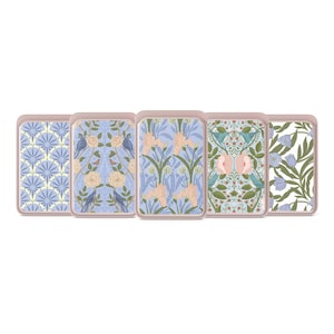 May include: Five rectangular decorative items with floral and geometric patterns in shades of blue, pink, and green. Each item has a light pink border. The designs include stylized flowers, birds, and geometric shapes, creating a vintage aesthetic.