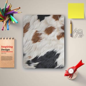 May include: A notebook with a cowhide pattern in shades of white, brown, and black. The notebook is surrounded by office supplies, including colored pencils, a notepad with the text "Inspiring Design", and a red desk clock.