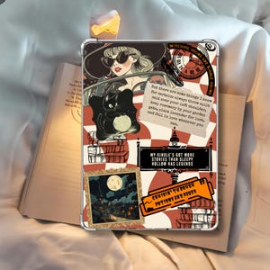 May include: A decorative tablet case featuring a collage design with a witch illustration, a black cat, and text. The case has a red and white checkered background with stacks of books and a framed moonlit scene. Text includes "Witching Hours are Kindle Hours".