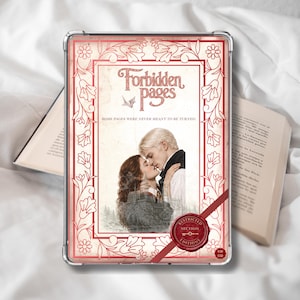 May include: A clear case with a book cover design. The cover features the title "Forbidden Pages" and an image of a kissing couple, framed by a red floral border. The text "Some pages were never meant to be turned" is also visible.