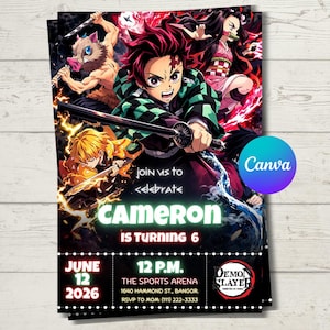 May include: A colorful invitation featuring anime characters with swords. The text reads "Join us to celebrate CAMERON is turning 6" with event details. The Canva logo is visible.