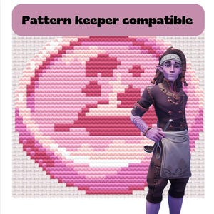 May include: A pink and white pixelated pattern with a character wearing a brown shirt, white apron, and a headband. The text "Pattern keeper compatible" is at the top of the image.