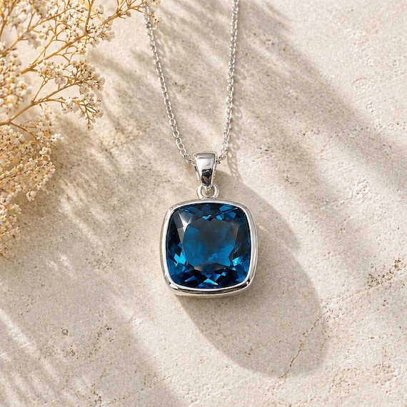London Blue Topaz Pendant, 925 Sterling Silver Bezel Setting, Cushion Cut Handmade Gemstone Pendant, Jewelry Gift for Her