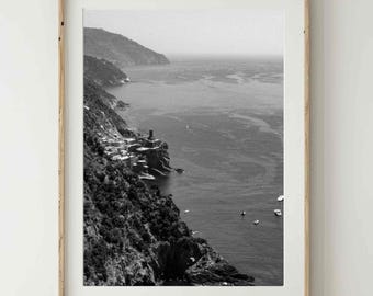 Amalfi Coast Wall Art, Black and White Italy Coastline Print, Tranquil Digital Download, Beach House or Gallery Decor Printable