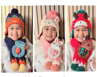 Conjunto de gorro y bufanda de invierno para niños – Diseños de animales, de 2 a 6 años