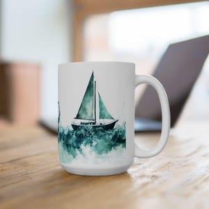 Kraken Attack Ceramic Mug, Sea Monster Nautical Coffee Cup, Ocean Creature Sailboat Watercolor Drinkware, Gift for Sailor, Octopus Tentacles
