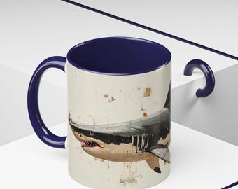Mug, Shark Painting Coffee Mug with Light Blue and Dark Blue Trim, Sea Creature Mugs, Ocean Lover Gift, Unique Ceramic Mug, Animal Lover Mug