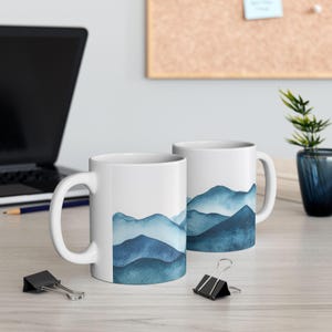 Blue Watercolor Mountains Ceramic Mug, Nature Lover Gift, Coffee Cup, Mountain Theme Kitchen Decor, Gift for Hiker, Adventure Mug