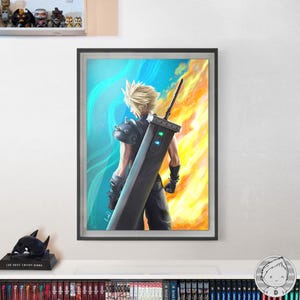 Puede incluir: Una impresión enmarcada de un personaje de videojuego con el pelo rubio puntiagudo, que lleva una chaqueta de cuero negra y sostiene una espada grande. El fondo es una mezcla de azul y naranja.