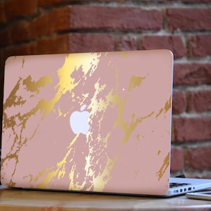 Pink Marble with Gold MacBook Skin – Elegant Marble Design Vinyl Decal, Premium Full Coverage Stylis Scratch Protection for MacBook Laptops