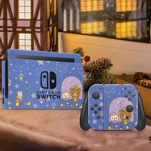Nintendo Switch Skin Cute Pastel Bears Stars Switch OLED Vinyl Skin Gift for Gamer Custom Joycons Gift for Her Night Sky Gaming Accessories