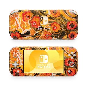 May include: A yellow, orange, and black Nintendo Switch Lite console skin with a floral pattern. The skin features a marbled background with abstract swirls and red flowers.
