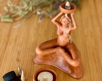 Clay Sculpture – Meditating Woman | Holder backflow incense holder & Candle