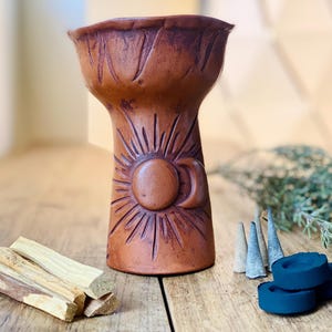 Sun and Moon copal burner, Handmade Sacred Ceramic Cauldron. Ceremonial Chalice for Rituals, Gift for Spiritual Friend. copalera for shamans