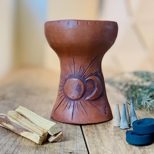 Ceramic copalera incense burner. Ceremonial Chalice for Rituals. Sun and Moon Copal Burner with Red Clay. Copal Smudging Bowl