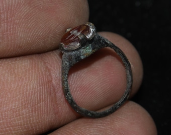 Authentic Ancient Roman Bronze Ring with Carnelian Intaglio