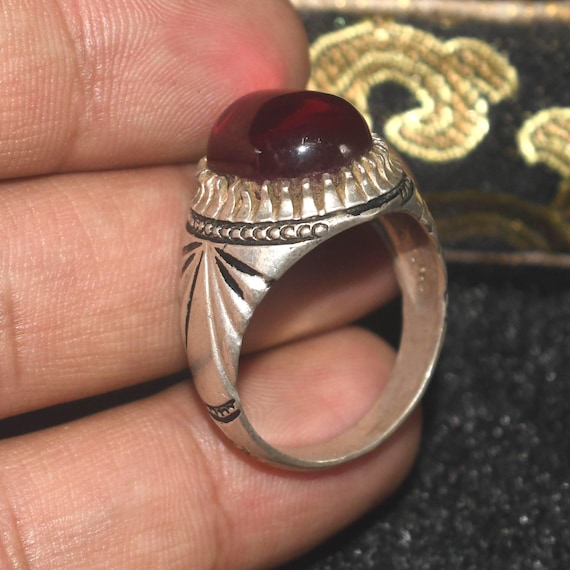 Old Antique Islamic Solid Silver Ring with Natura… - image 1