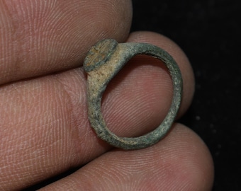 Authentic Ancient Roman Bronze Ring with Decorated Bezel