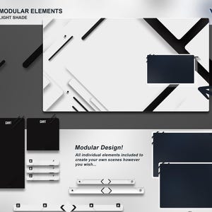 May include: A white and black geometric design with the text "Modular Elements" and "Light Shade". The design includes a chat box, a slider bar, and a variety of other elements. The text "Modular Design!" is also included, along with the text "All individual elements included to create your own scenes however you wish..."