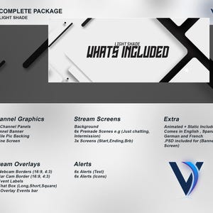 May include: A graphic design template for Twitch streamers, featuring a white background with black geometric shapes and the text "What's Included". The template includes channel graphics, stream screens, stream overlays, and alerts.