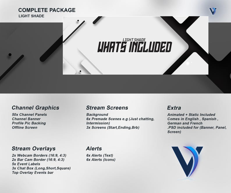 May include: A graphic design template for Twitch streamers, featuring a white background with black geometric shapes and the text "What's Included". The template includes channel graphics, stream screens, stream overlays, and alerts.